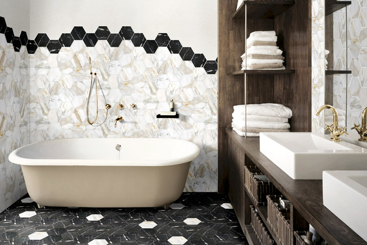 六角磚大理石使用六角磚搭配大理石紋，成為衛浴的經典商品
